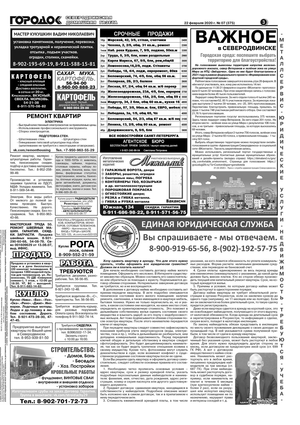 Городок плюс, выпуск номер 7 от 22 февраля 2020 года, страница 3.